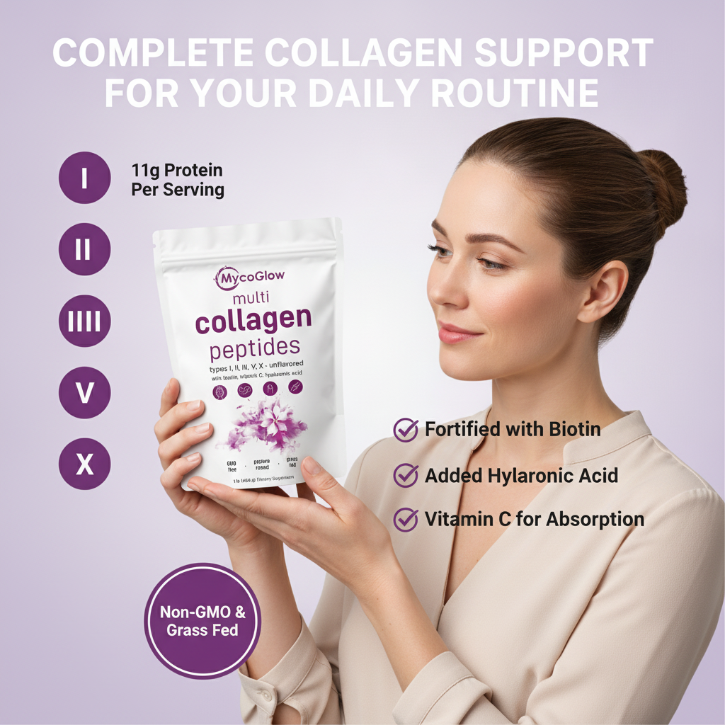 MycoGlow™ Beauty Multi Collagen Peptides Powder -  with Hyaluronic Acid, Biotin & Vitamin C Unflavored